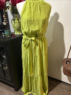 Tacera Chartreuse Green Halter-Tie Maxi Dress